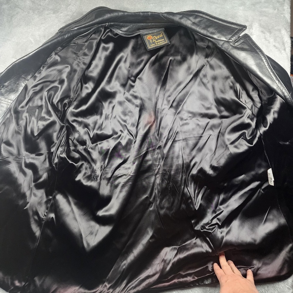 VINTAGE Reed Sportswear Coat Mens XL Black Leather Overcoat Pockets Midlength - Picture 11 of 15
